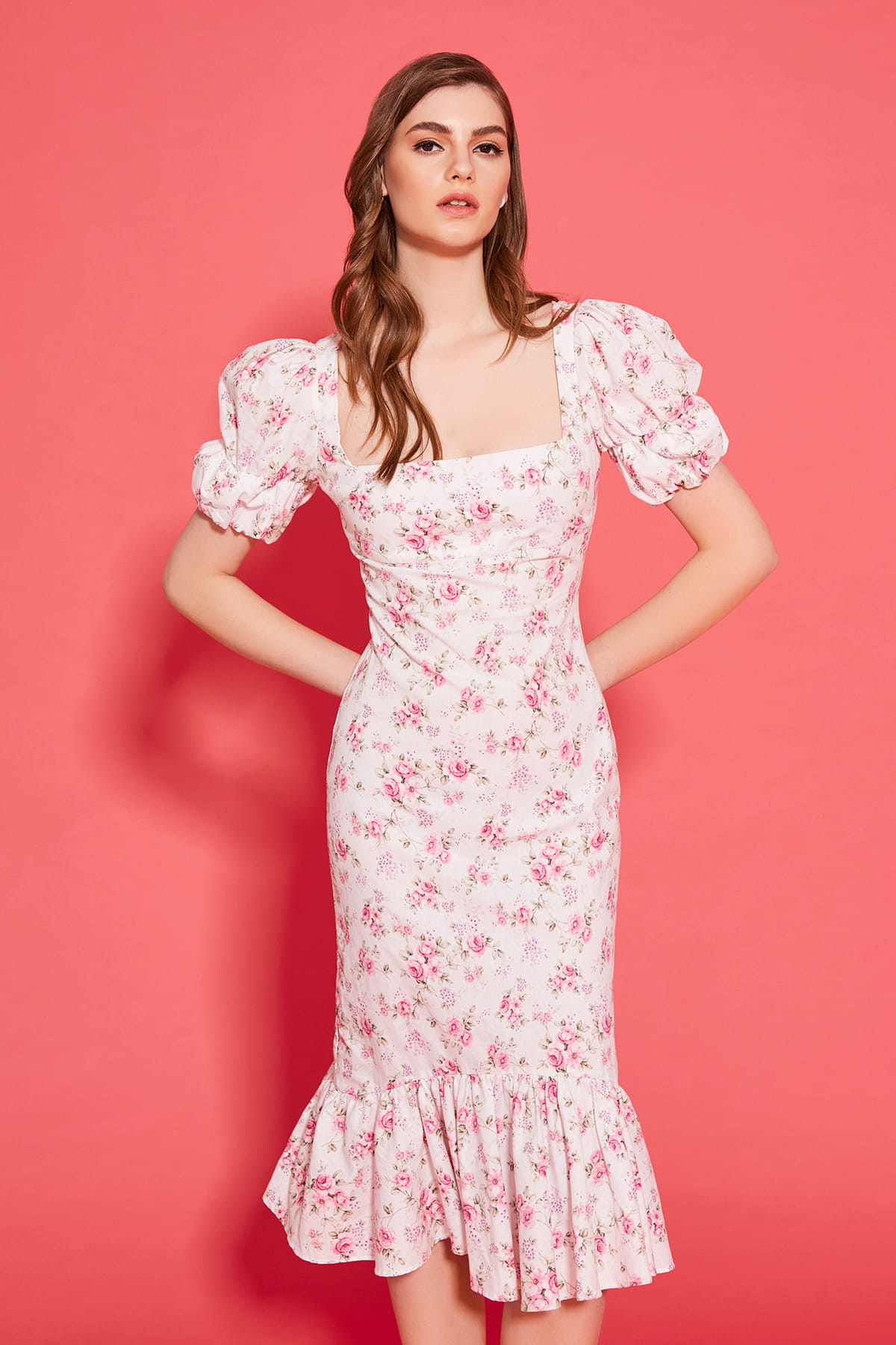 JASMINE Floral Midi Poplin Pink Dress