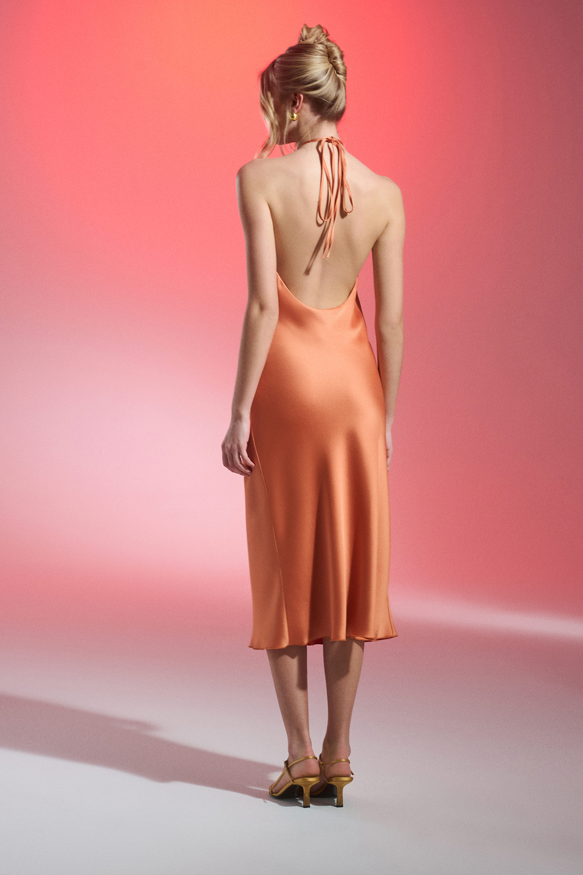 JOELLE Halter Neck Orange Satin Midi Dress
