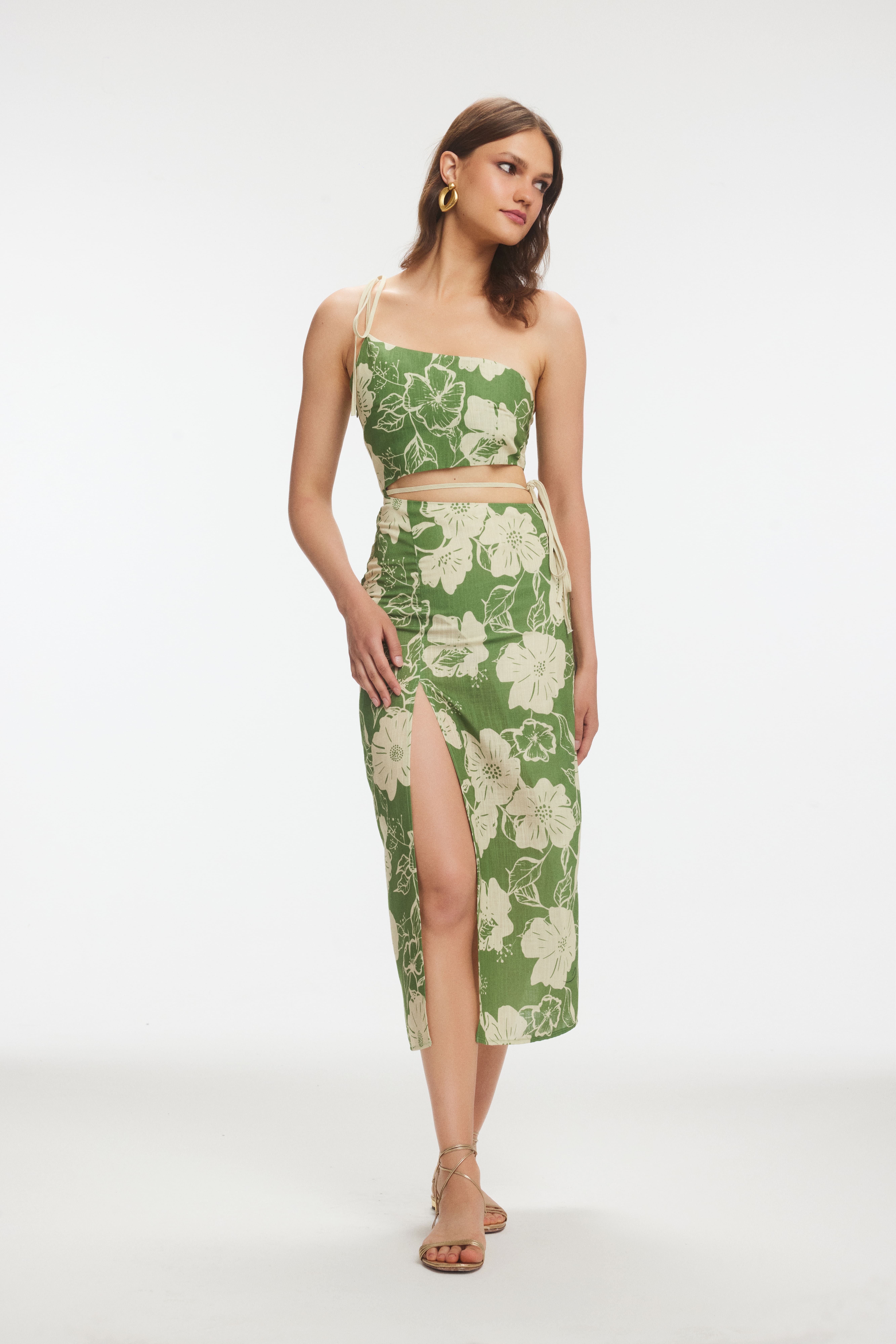 OSSEI Floral Patterned Linen Khaki Midi Dress