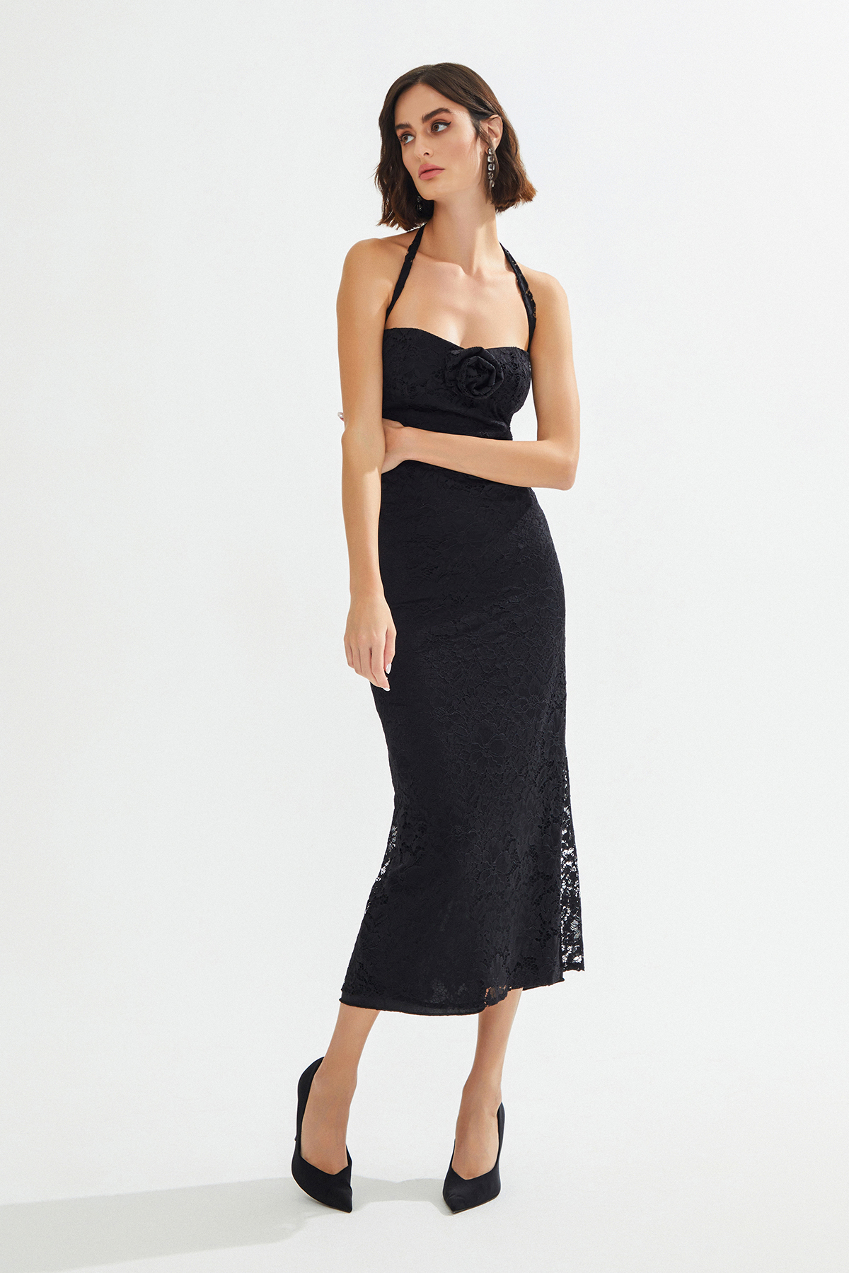ANDY Floral Detailed Lace Midi Black Dress